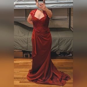 Montage by Mon Cheri wine sweetheart back formal dress